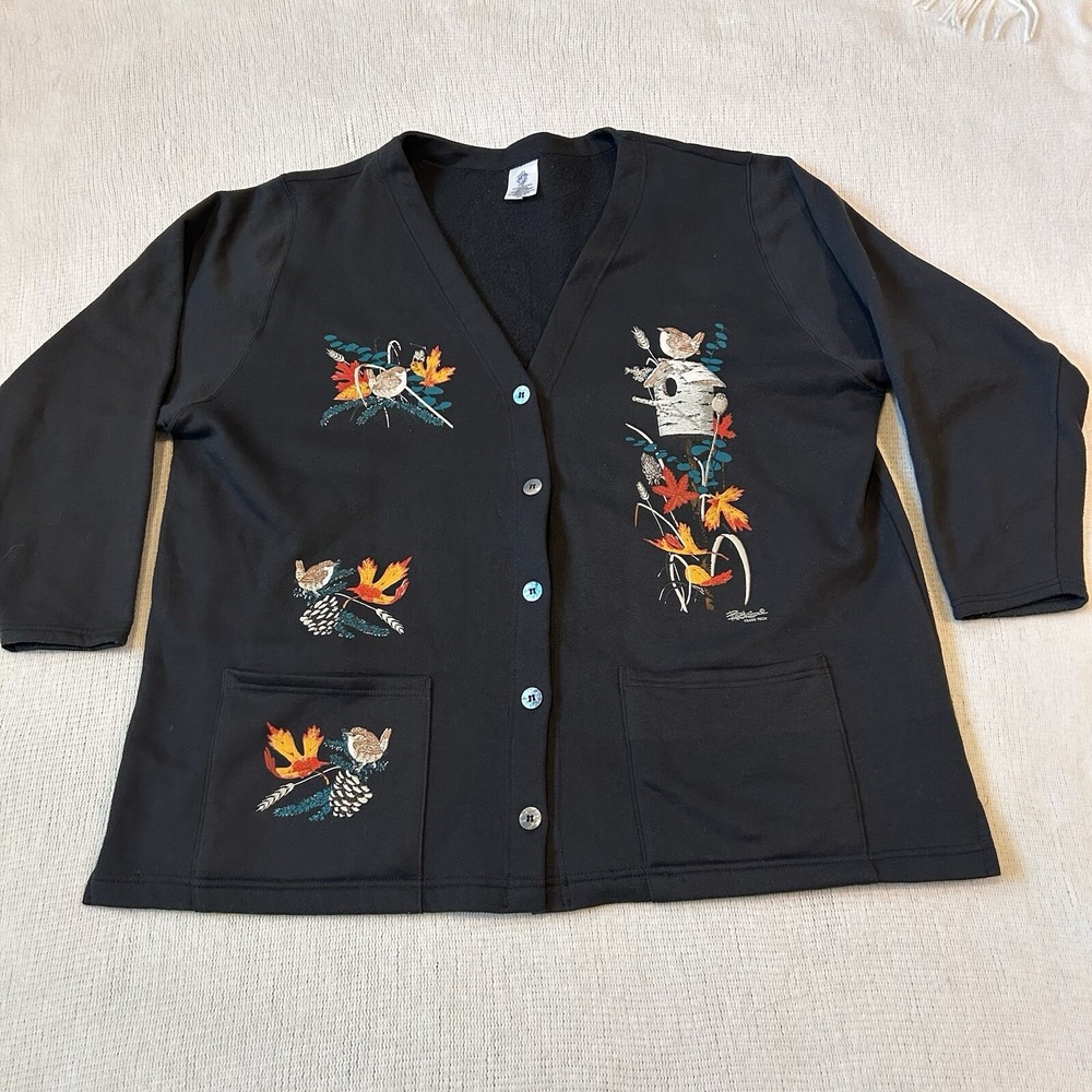 Vtg Made in USA Cardigan Sz 18w Black Fall Leaves Birds Nature Appliqué Button